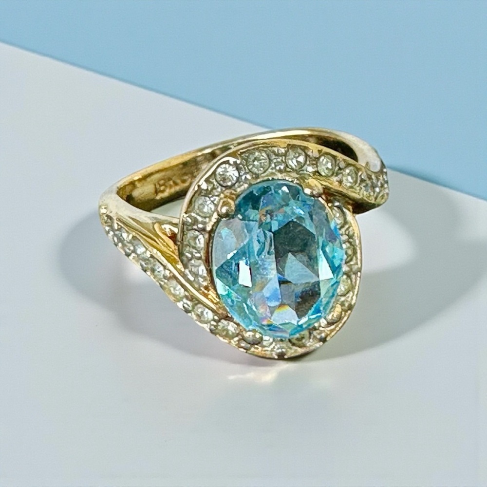 18K Gold Plated electric, oval faux  blue topaz ring